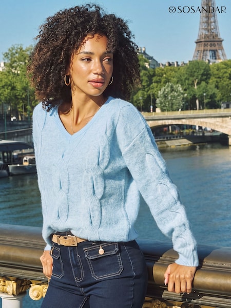 Blå - Sosandar Cable Knit V-neck Jumper