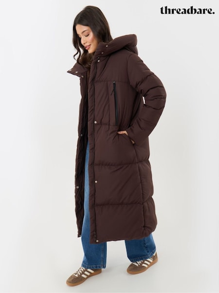 Brown - Threadbare Petite Showerproof Maxi Puffer Coat