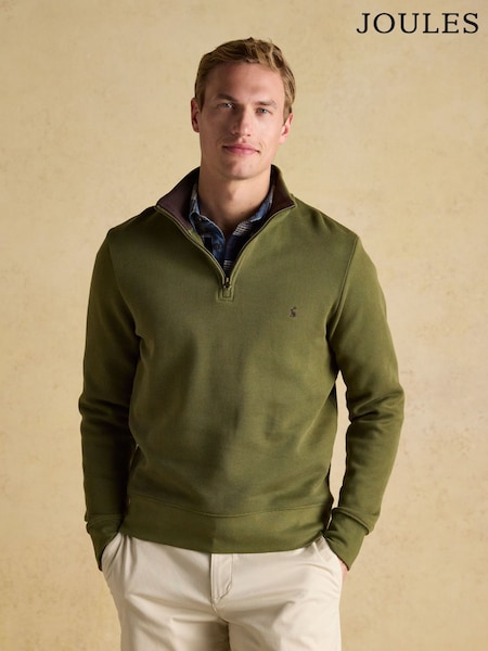 Joules Alistair Khaki Green Quarter Zip Cotton Sweatshirt (223610) | R$ 495