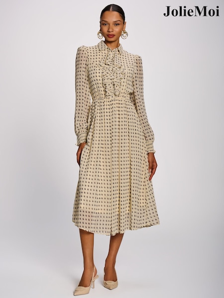 Natural - Jolie Moi Chiffon Print Ruffled Shirt Dress