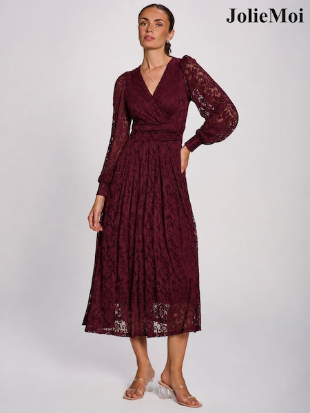 Red - Jolie Moi Long Sleeve Printed Lace Maxi Dress