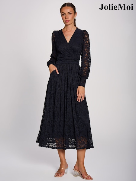 Blue - Jolie Moi Long Sleeve Printed Lace Maxi Dress