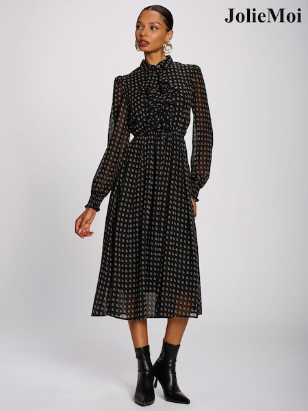 Black - Jolie Moi Chiffon Print Ruffled Shirt Dress