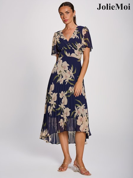 Azul - Vestido largo plisado de gasa con mangas de ángel de Jolie Moi