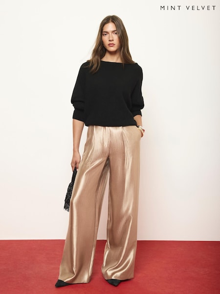 Gold - Mint Velvet Metallic Pleated Wide Leg Trousers