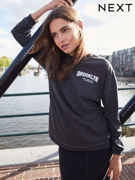 Charcoal Grey Long Sleeve Brooklyn New York City Back Graphic Top (224832) | AED31