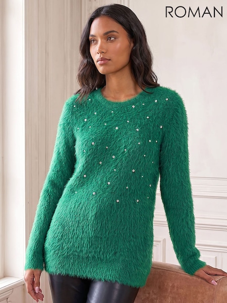 Green - Roman Embellished Fluffy Knit Jumper