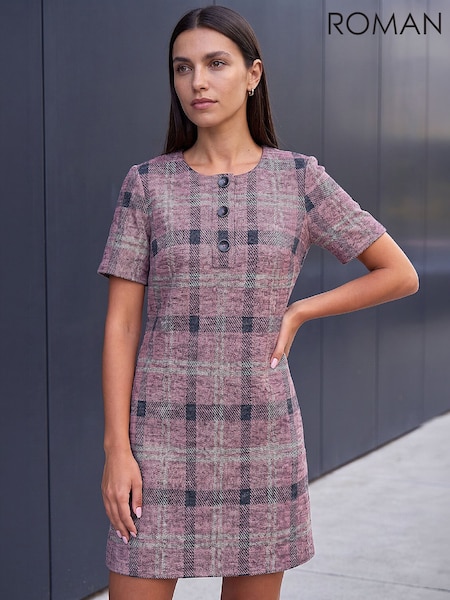 Pink - Roman Check Button Shift Dress