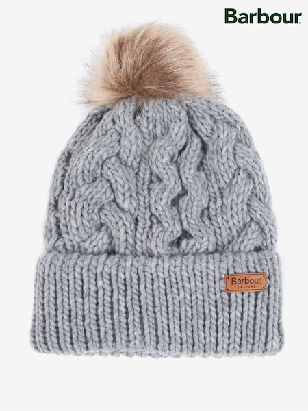 Barbour® Grey Penshaw Cable Knit Faux Fur Pom Beanie Logo Hat (225076) | €52