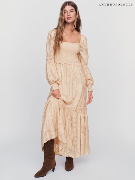 Nude - Anthropologie Tiered Puff-sleeve Midi Dress