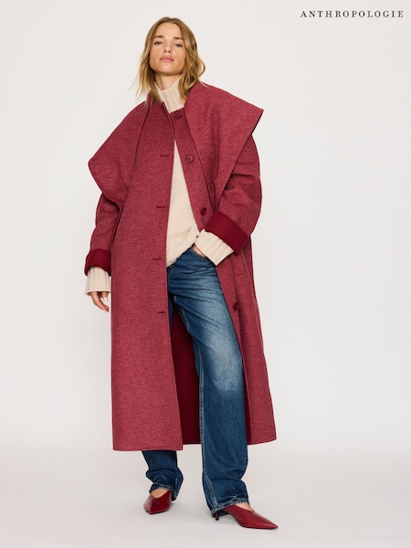 אדום - Anthropologie Houndstooth Wool-blend Scarf Coat