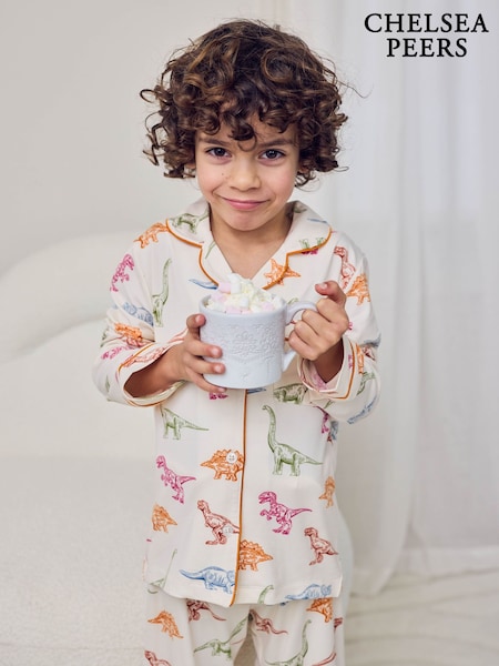Natural - Chelsea Peers Kids Dinosaur Print Button Up Long Pyjama Set