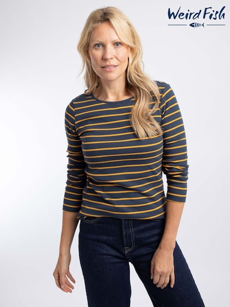 أزرق - Weird Fish Blaine Cotton Stripe Ribbed Long Sleeve Outfitter T-shirt