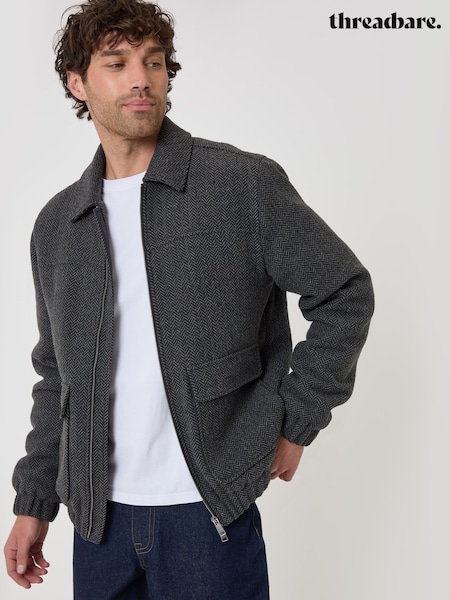 Grey - Regular Threadbare Herringbone Faux Wool Collared Jacket
