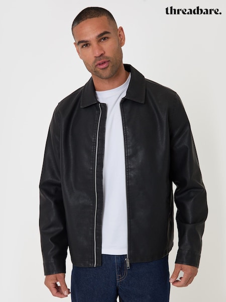 Black - Regular Threadbare Faux Leather Zip Up Collared Jacket