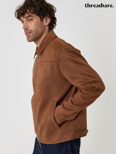 Brown - Regular Threadbare Faux Suede Collared Jacket