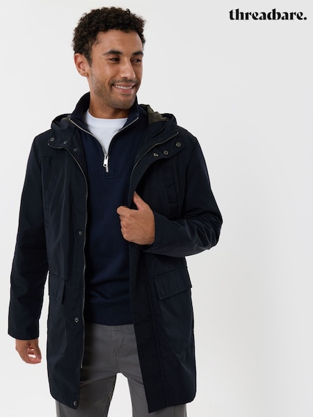 Blue - Regular Threadbare Showerproof Hooded Longline Mac With Patch Pockets Jacket