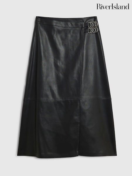 Svart - River Island Petite Faux Leather Buckle Wrap Skirt