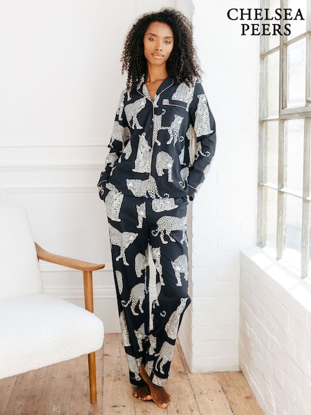 Blue - Chelsea Peers Cotton Leopard Print Long Pyjamas Set