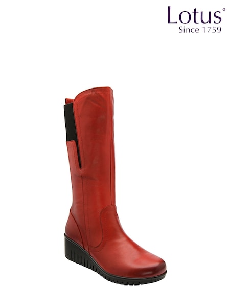 Lotus Red Leather Wedge Knee-High Boots (227335) | €153