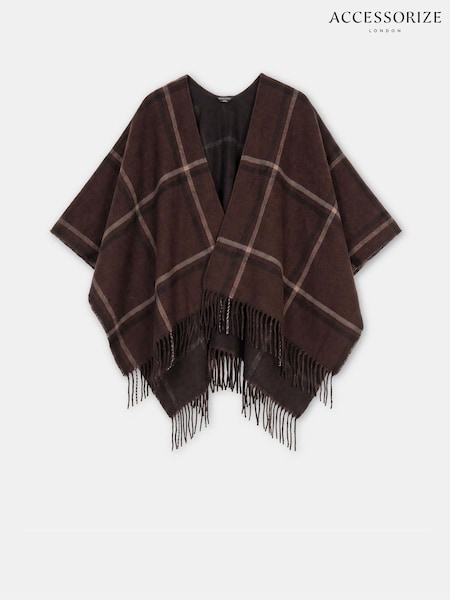Qəhvəyi - Accessorize Çek Printli Örgü Ponçosu