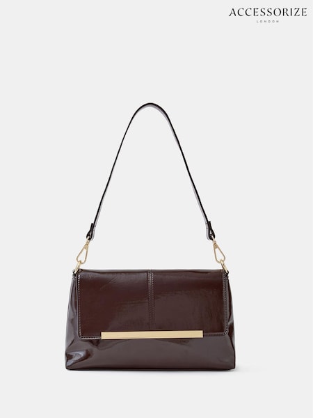Qəhvəyi - Accessorize Fold Over Patent Faux Leather Shoulder Bag