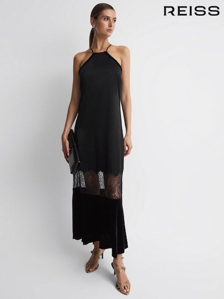Reiss Black Janelle Fitted Satin-Velvet Midi Dress (227668) | €408