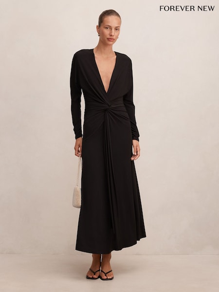 Negro - Vestido largo drapeado con detalle anudado en la parte delantera Solana de Forever New