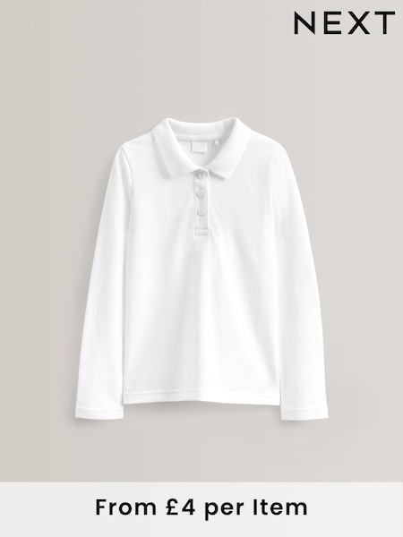 White 100% Cotton Long Sleeve School Polo Tops 2 Pack (3-16yrs) (228199) | OMR4 - OMR7