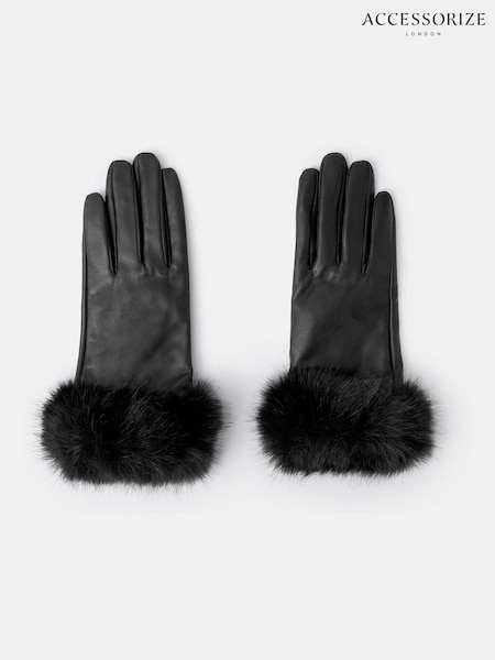 Black - Accessorize Faux Fur Cuff Leather Gloves