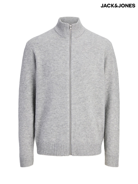 Grey - Regular Jack & Jones Fluffy Zip Through High Neck Cardigan