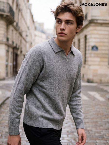 Сұр - Regular Jack & Jones Fluffy Long Sleeve Knitted Polo Shirt