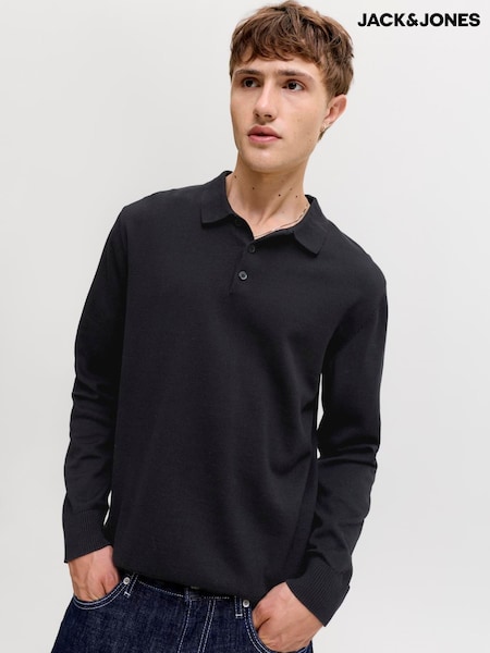 Black - Regular Jack & Jones Long Sleeve Knitted Polo Shirt