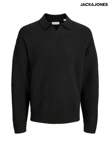 Black - Regular Jack & Jones Fluffy Long Sleeve Knitted Polo Shirt