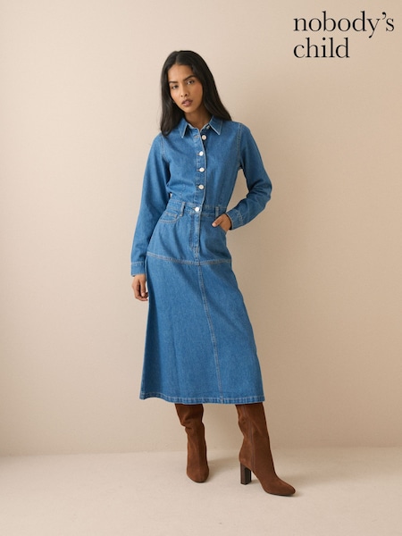 Blue - Nobodys Child Mid Wash Denim Midi Shirt Dress