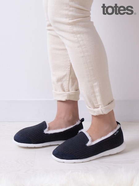 Totes Navy Isotoner Ladies Iso-Flex Waffle Full Back Slippers (229702) | €48