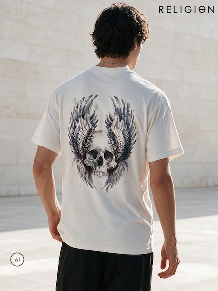 White - Regular Religion Skull Wings T-shirt