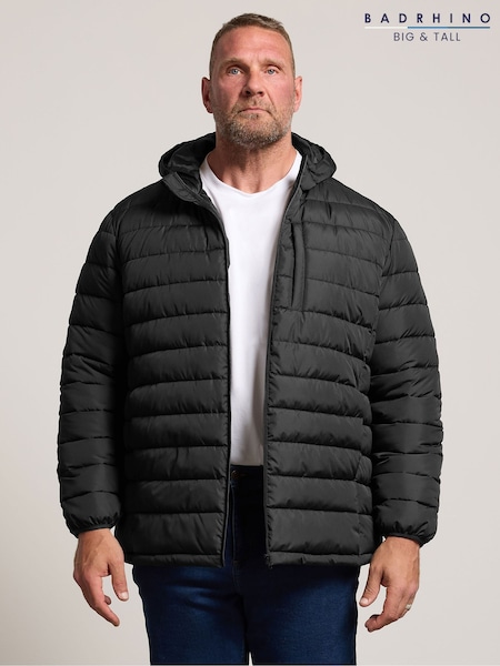 Czarny - Regular Badrhino Big & Tall Lightweight Hooded Puffer Jacket