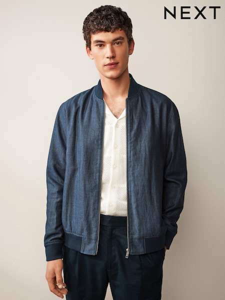 Blue Nova Fides Italian Linen Blend Herringbone Bomber Jacket (230045) | €14
