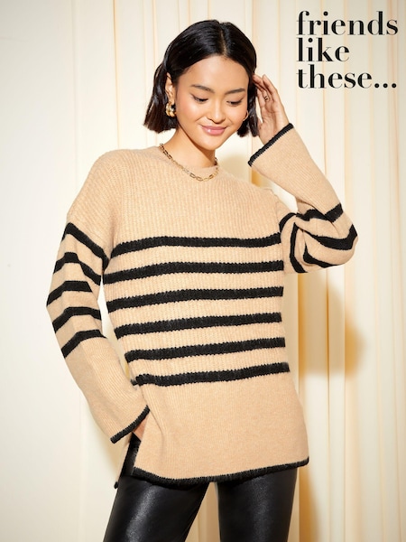 Friends Like These Camel Petite Stripe Split Hem Relaxed Jumper (230109) | AED116
