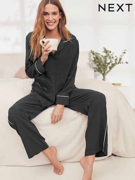 Black With White Piping Button Through Pyjamas (230219) | €13