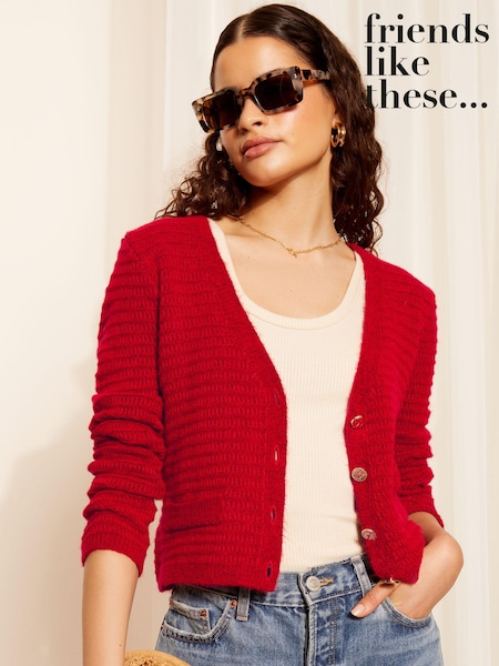 rdeča - Friends Like These Textured V Neck Knitted Cardigan (230323) | € 30