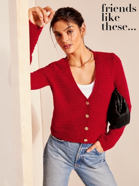 rdeča - Friends Like These Textured V Neck Knitted Cardigan (230635) | € 32