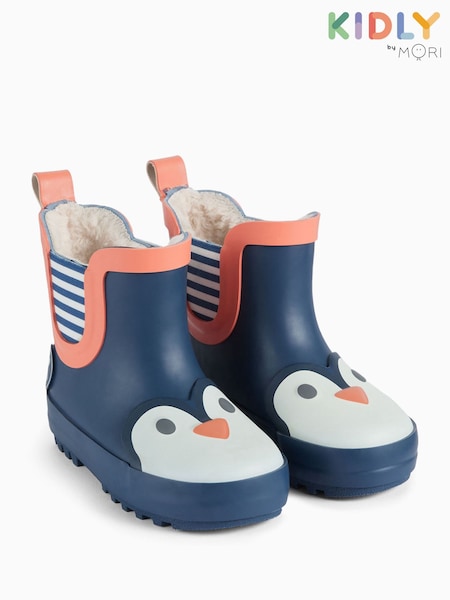 Blue - Kidly By Mori Short Penguin Print Fur Lined Wellie