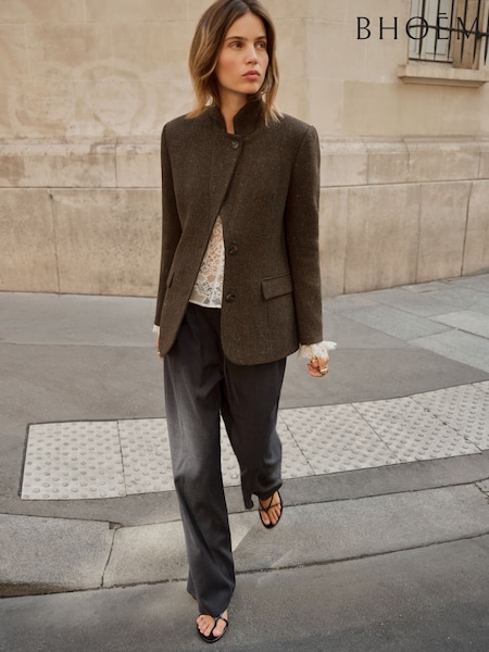 Brown/Khaki - Herringbone Wool Blend Tailored Blazer