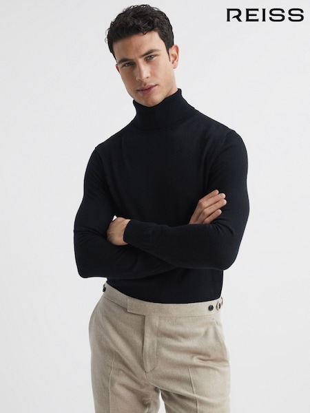 أسود - Reiss Caine Slim Fit Merino Wool Roll Neck Jumper (231309) | ‏59 د.ك.‏