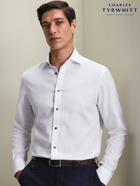 White - Regular Charles Tyrwhitt Non-iron Stretch Medallion Printed Trim Slim Fit Shirt