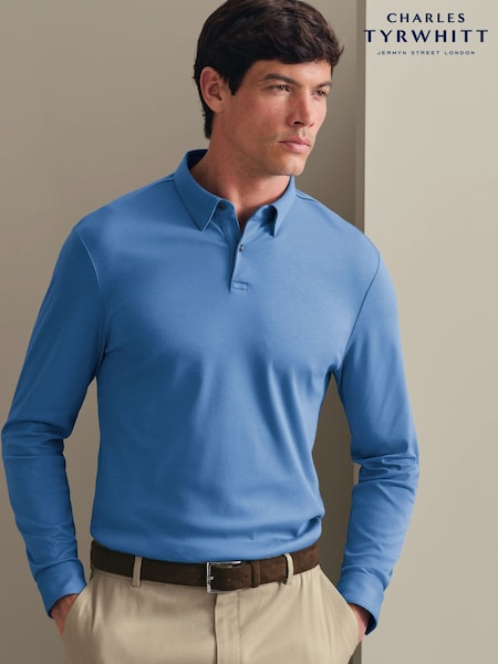 Sky Blue - Regular Charles Tyrwhitt 100% Cotton Plain Long Sleeve Jersey Polo Shirt