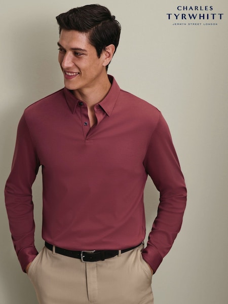 Red - Regular Charles Tyrwhitt Long Sleeve Cotton Stretch Smart Pique Polo Shirt