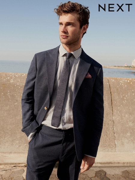 Blue Regular Fit Linen Blend Puppytooth Suit Jacket (231680) | €23